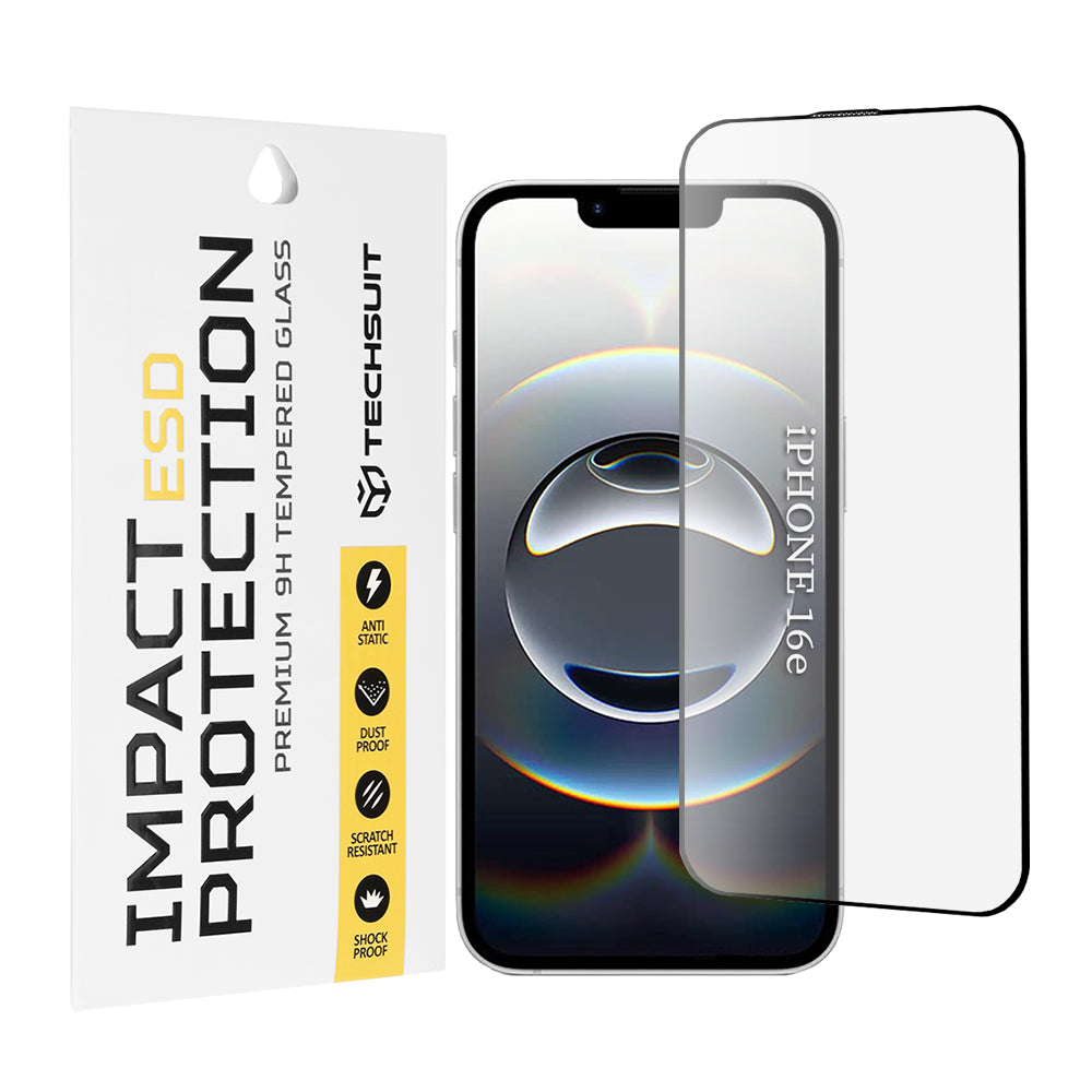 Προστατευτική μεμβράνη οθόνης Techsuit για Apple iPhone 17e / 16e, Ασφαλισμένο γυαλί, Πλήρης κόλλα, Μαύρο