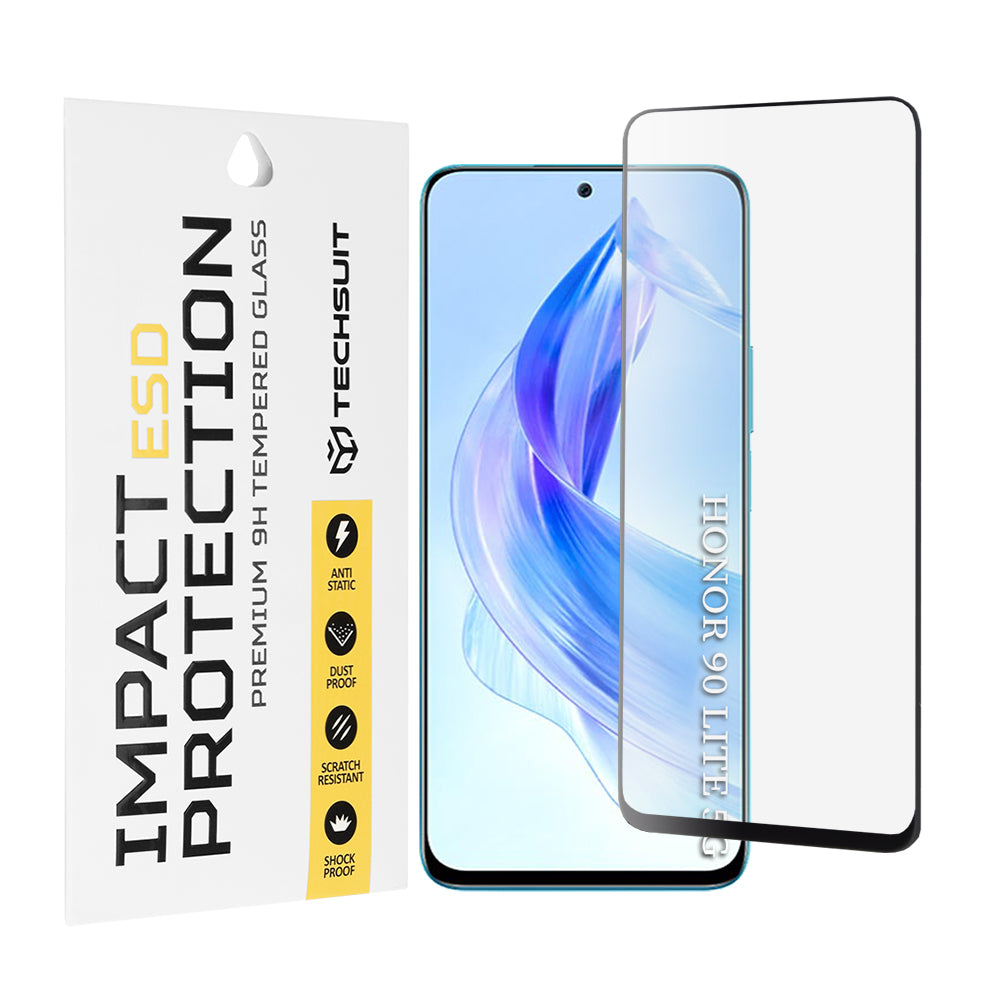 Προστατευτική μεμβράνη οθόνης Techsuit για Honor 90 Lite, ασφαλισμένο γυαλί, πλήρης κόλλα, μαύρο