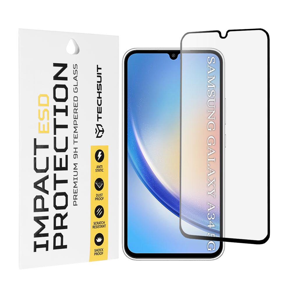 Techsuit Screen Protector Film for Samsung Galaxy A34 A346, Tempered Glass, Full Glue, Black