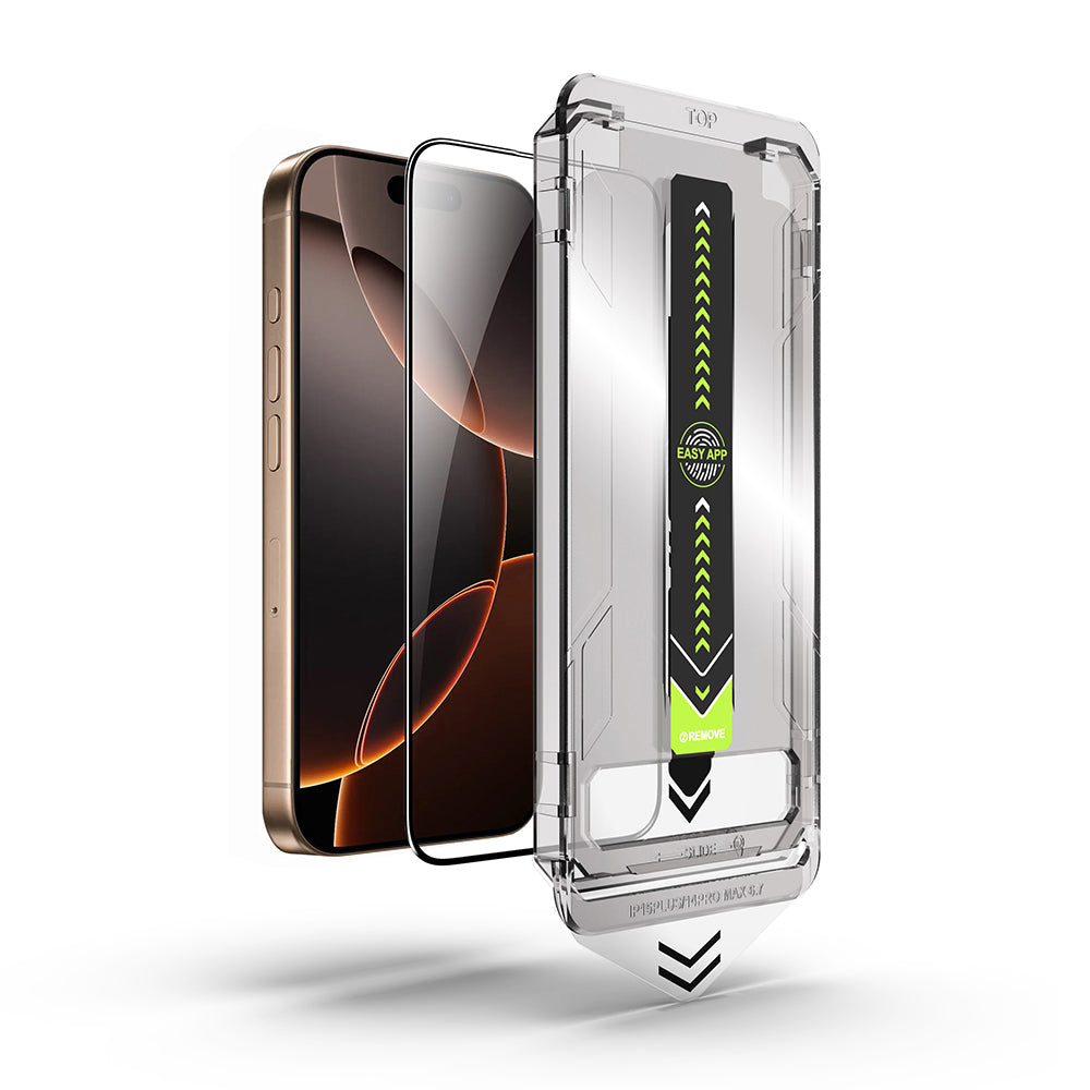 Προστατευτική μεμβράνη οθόνης Techsuit TitanGlass για Apple iPhone 17e / 16e / 14 / 13 Pro, Ασφαλισμένο γυαλί, Πλήρης κόλλα, Μαύρο