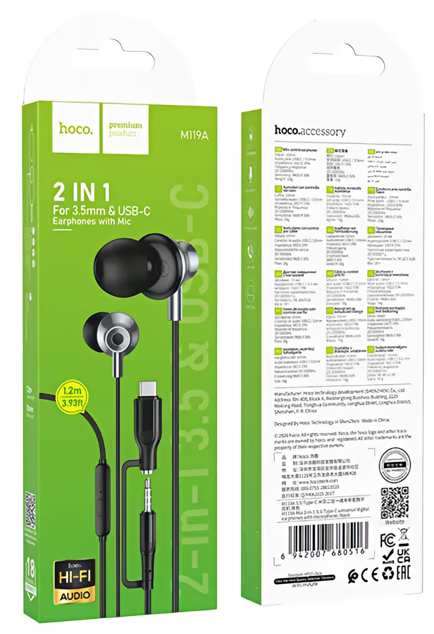 Ακουστικά Handsfree 3.5mm / USB-C HOCO M119A, Μαύρο