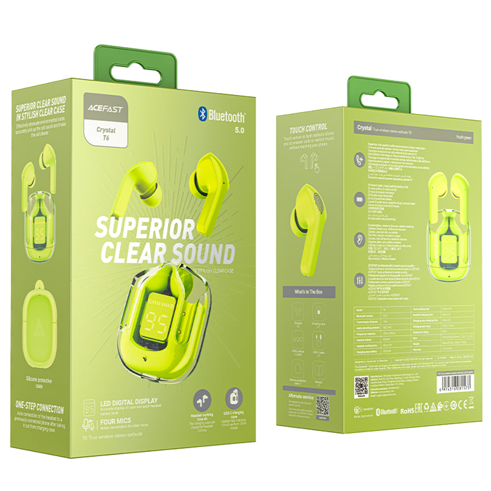 Handsfree Bluetooth Acefast T6, TWS, Πράσινο