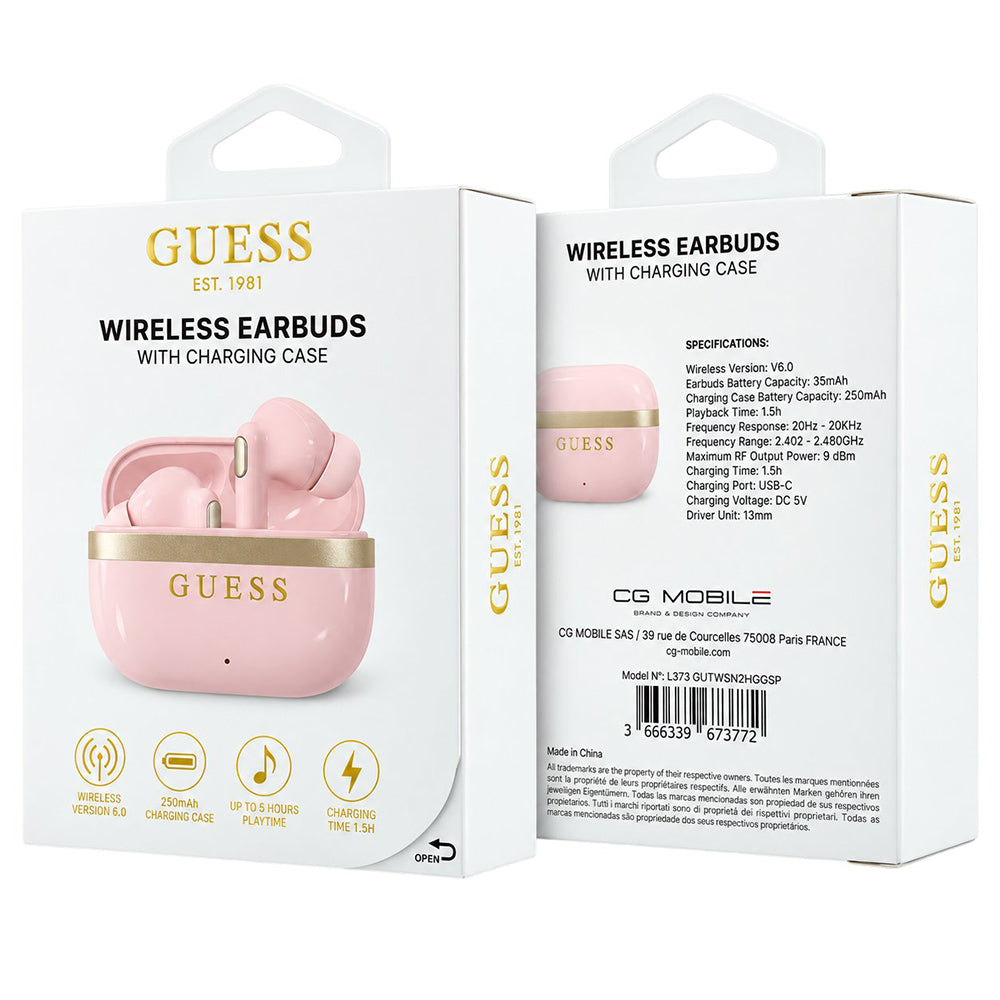 Ακουστικά Bluetooth Guess Glossy Gold Line Printed Classic Logo, TWS, Ροζ