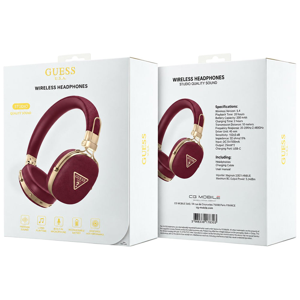 Ακουστικά Bluetooth Handsfree Guess Grained Triangle Logo, A2DP, Μπορντό