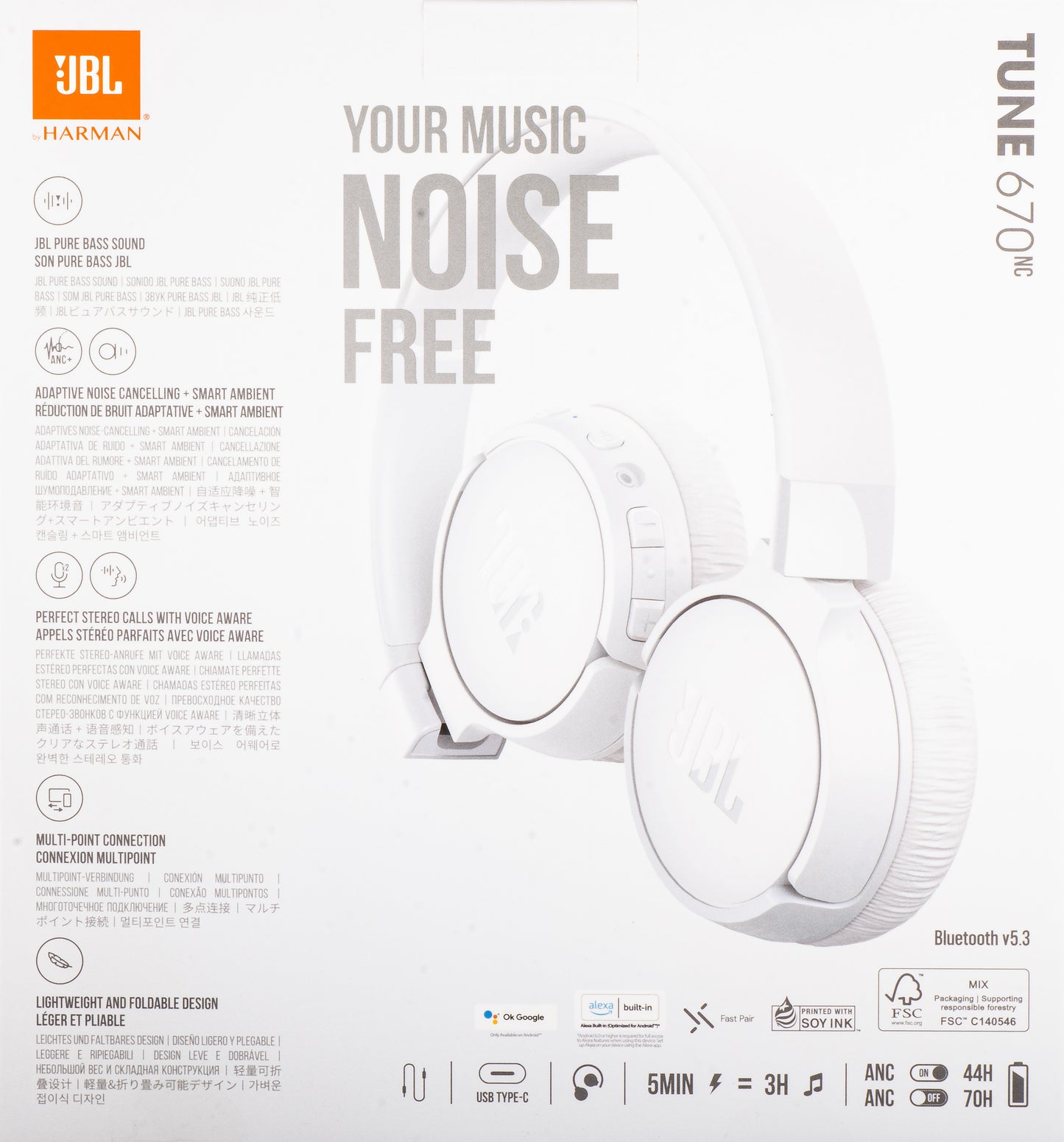JBL Tune 670NC White Bluetooth Handsfree, MultiPoint, A2DP, ANC, JBLT670NCWHTAP