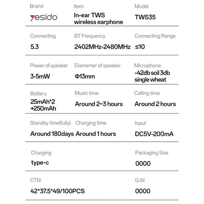 Handsfree Bluetooth Yesido TWS35, TWS, White