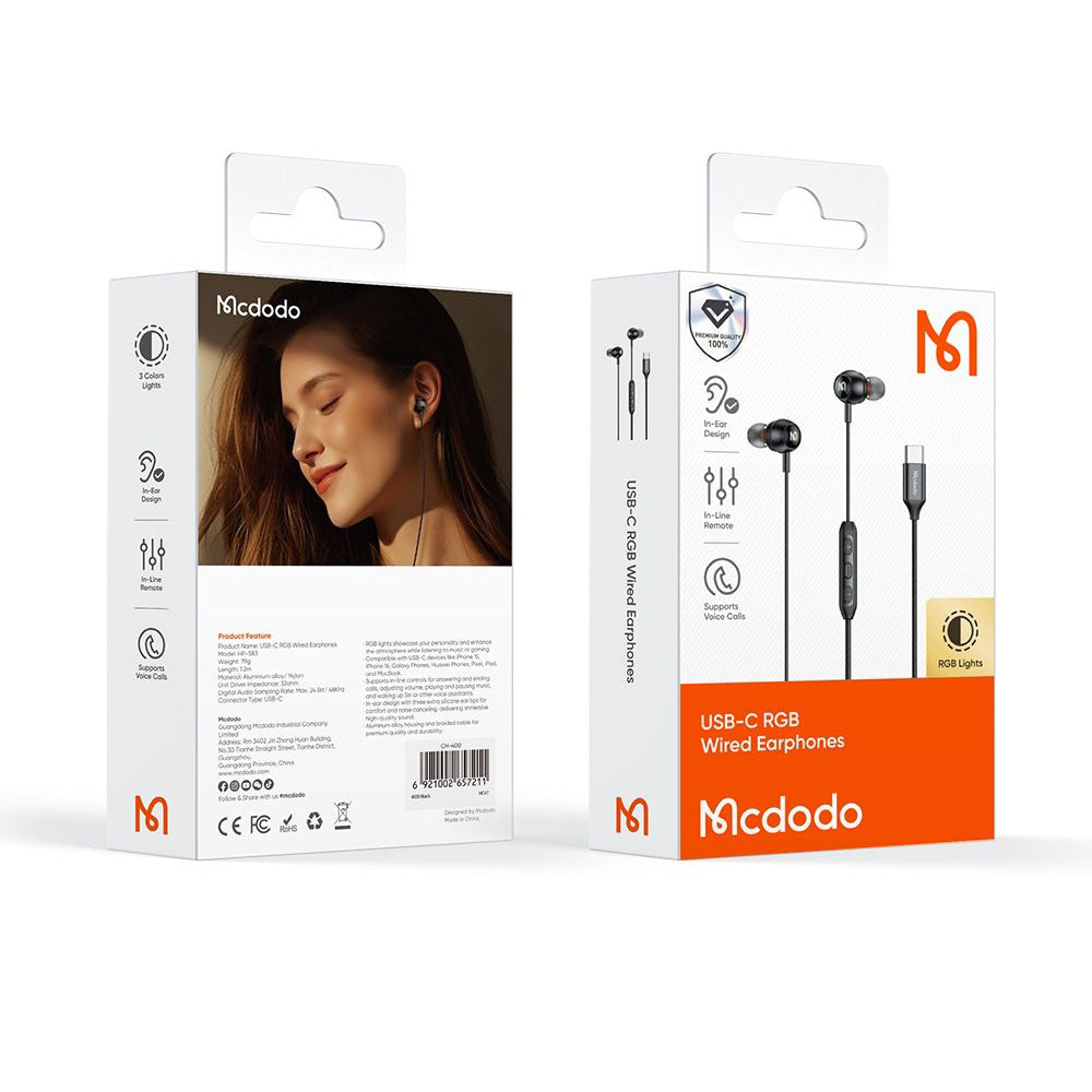 Handsfree USB-C McDodo HP-5830, 1.2m, Μαύρο