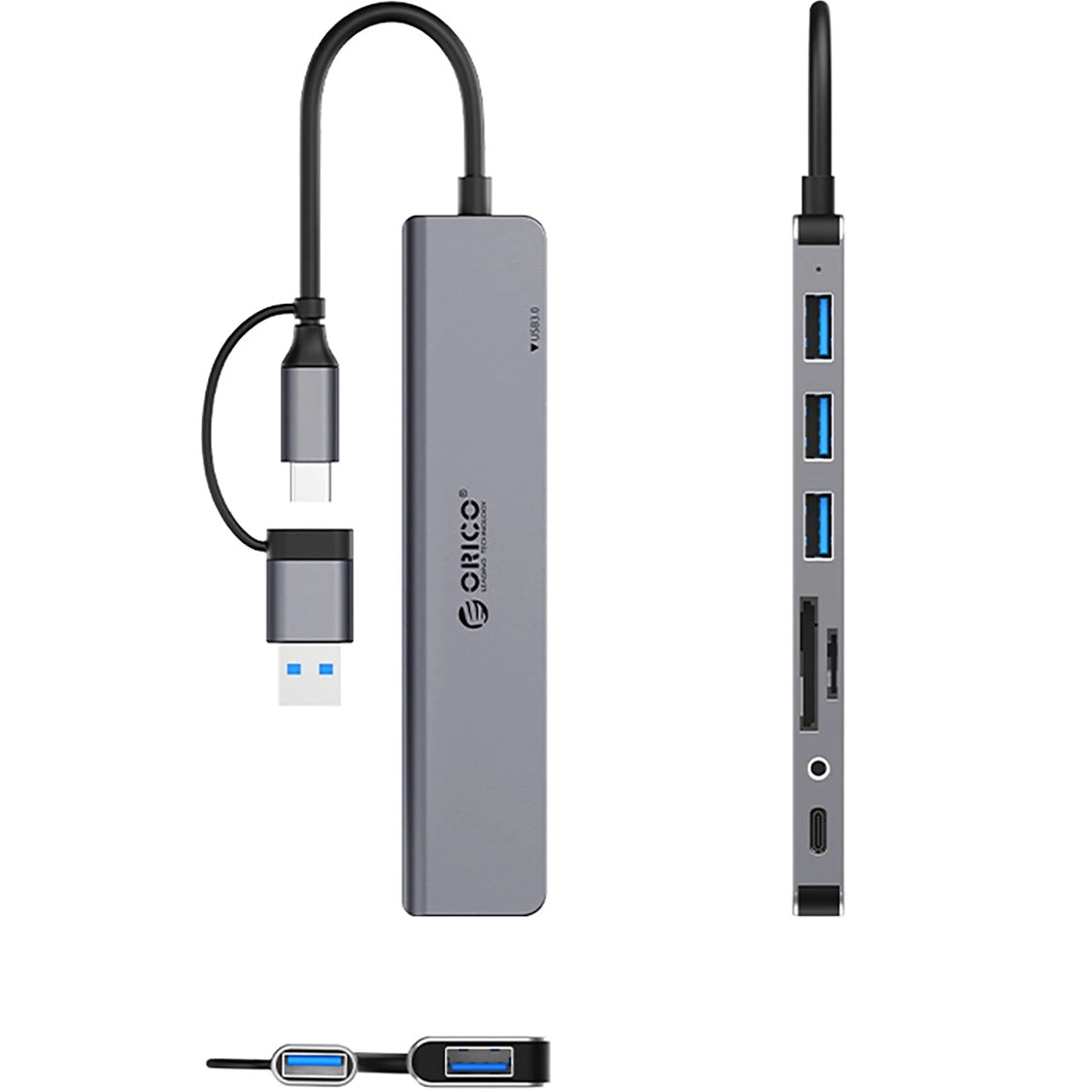 Hub USB / USB-C Orico YSA8-U3, 1 x USB-A 3.0 - 3 x USB-A - 1 x USB-C - 1 x Jack 3.5mm - 1 x SD - 1 x microSD, Μαύρο