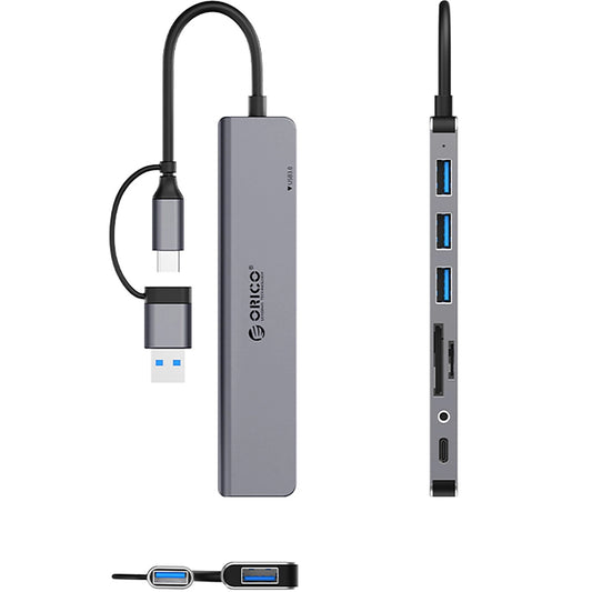 Hub USB / USB-C Orico YSA8-U3, 1 x USB-A 3.0 - 3 x USB-A - 1 x USB-C - 1 x Jack 3.5mm - 1 x SD - 1 x microSD, Μαύρο
