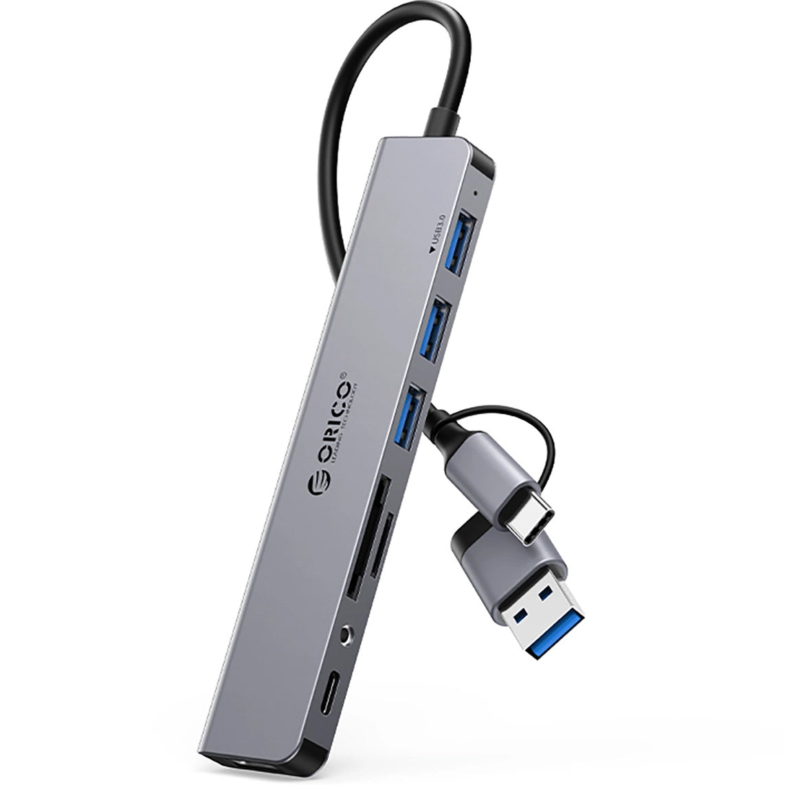 Hub USB / USB-C Orico YSA8-U3, 1 x USB-A 3.0 - 3 x USB-A - 1 x USB-C - 1 x Jack 3.5mm - 1 x SD - 1 x microSD, Μαύρο