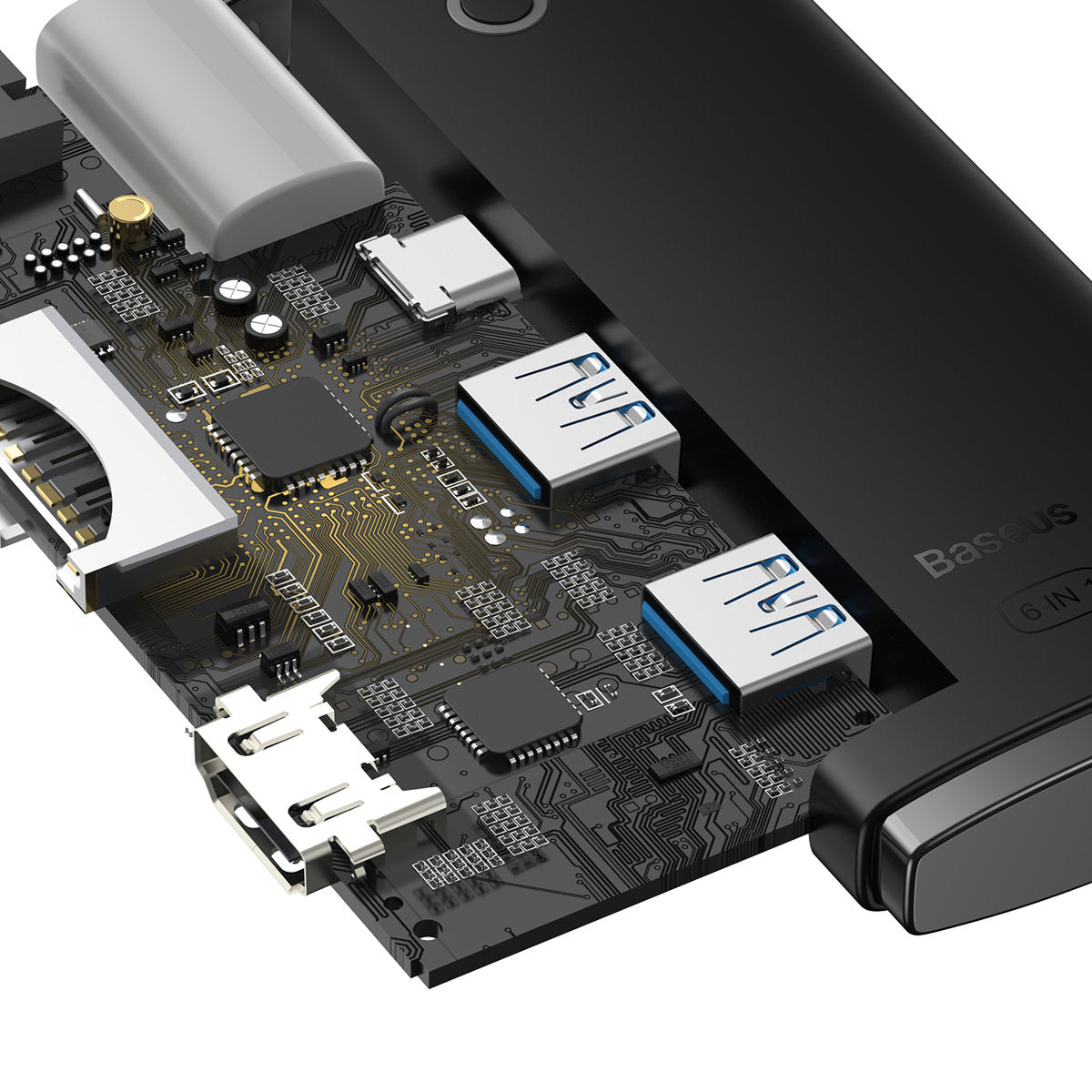 Hub USB-C Baseus, 2 x USB-A 3.0 - 1 x USB-C - 1 x HDMI - 1 x SD - 1 x microSD, Μαύρο WKQX050001