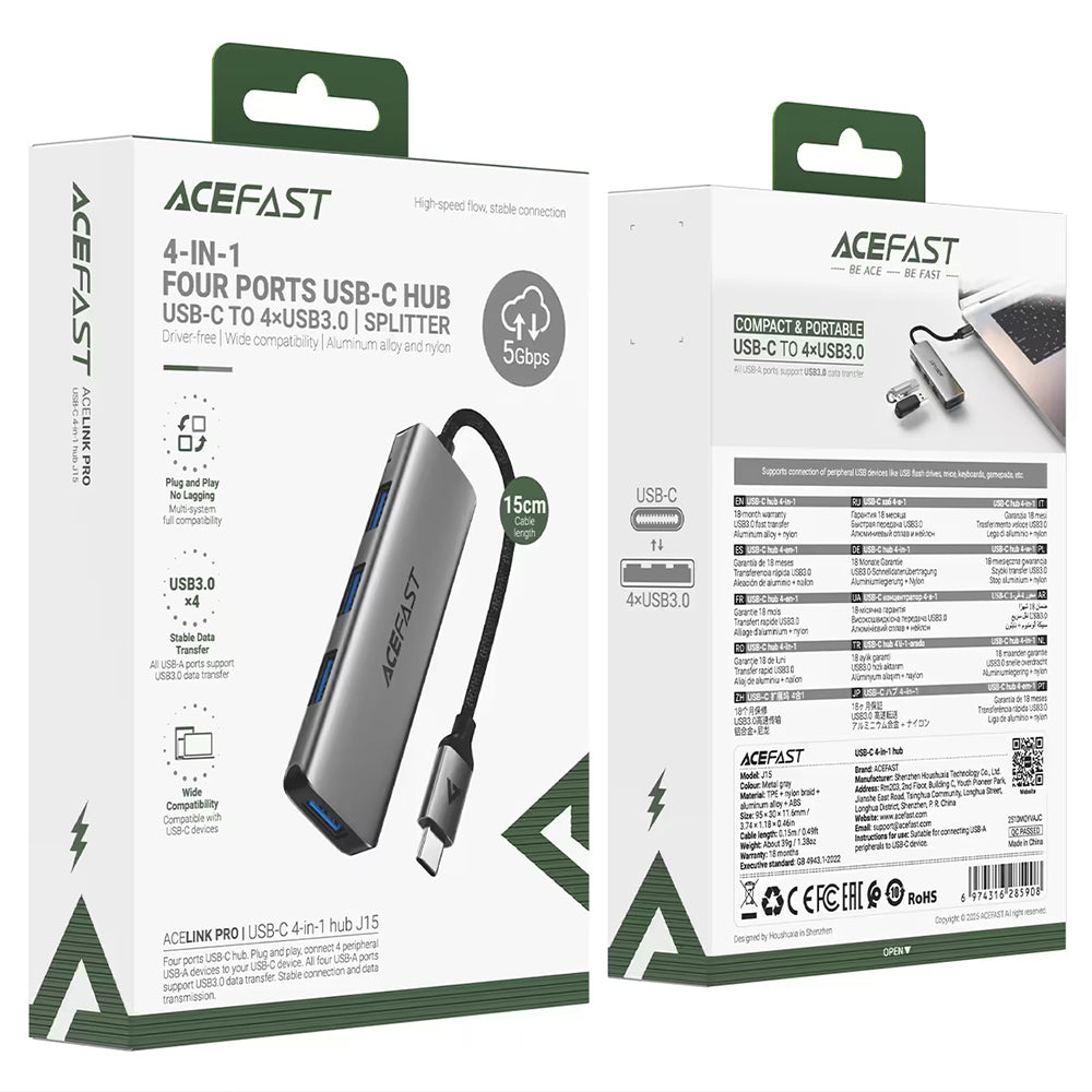 Hub USB-C Acefast J15, 4σε1, Γκρι