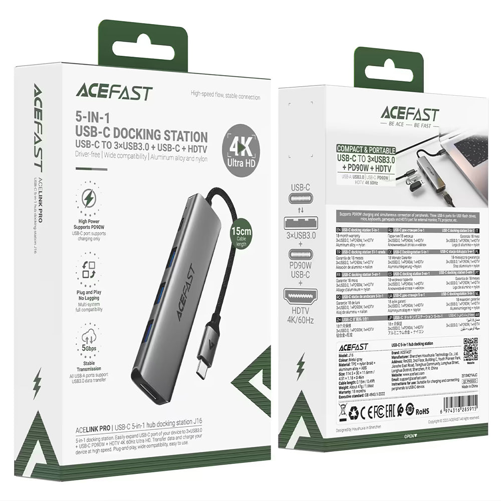Hub USB-C Acefast J16, 5σε1, Γκρι