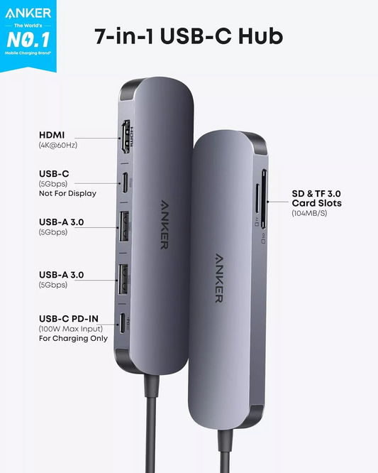 Hub USB-C Anker, 2 x USB-A 3.0 - 2 x USB-C - 1 x HDMI - 1 x SD - 1 x microSD, Γκρι A83D2HA1