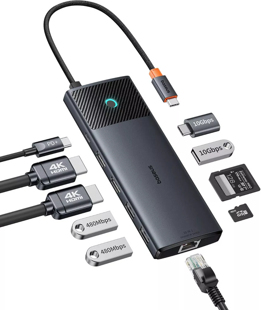 Hub USB-C Baseus Dual Display, 1 x USB-A 3.0 - 2 x USB-A - 2 x USB-C - 2 x HDMI - 1 x RJ45 - 1 x SD - 1 x microSD, Μαύρο B00061800123-01