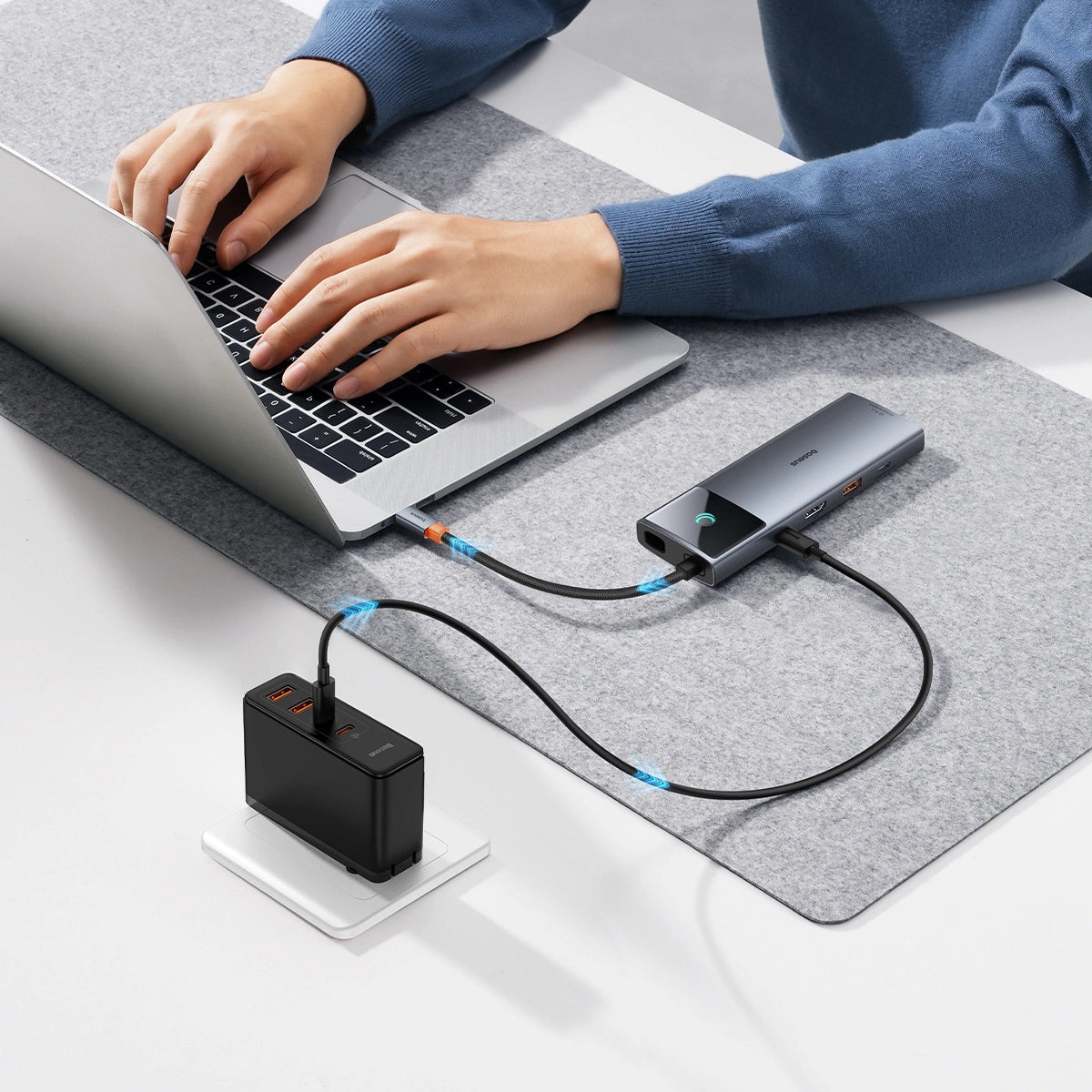 USB-C Hub Baseus Metal Gleam II, 2 x USB-C - 3 x USB-A - 1 x HDMI - 1 x υποδοχή 3,5 mm - 1 x RJ45 - 1 x SD - 1 x microSD, Γκρι