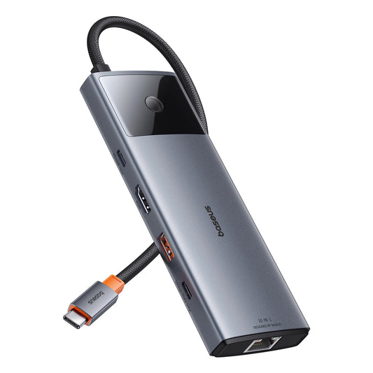 USB-C Hub Baseus Metal Gleam II, 2 x USB-C - 3 x USB-A - 1 x HDMI - 1 x υποδοχή 3,5 mm - 1 x RJ45 - 1 x SD - 1 x microSD, Γκρι