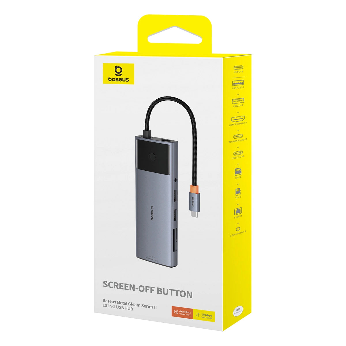 USB-C Hub Baseus Metal Gleam II, 2 x USB-C - 3 x USB-A - 1 x HDMI - 1 x υποδοχή 3,5 mm - 1 x RJ45 - 1 x SD - 1 x microSD, Γκρι