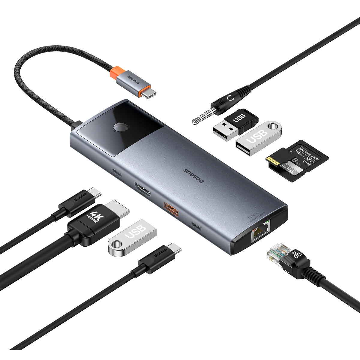 USB-C Hub Baseus Metal Gleam II, 2 x USB-C - 3 x USB-A - 1 x HDMI - 1 x υποδοχή 3,5 mm - 1 x RJ45 - 1 x SD - 1 x microSD, Γκρι