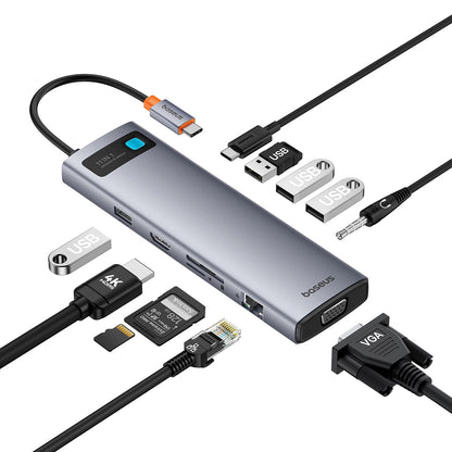 USB-C Hub Baseus Metal Gleam, 1 x USB-C - 3 x USB-A 3.0 - 1 x USB-A 3.0 - 1 x USB-A - 1 x HDMI - 1 x VGA - 1 x υποδοχή 3,5 mm - 1 x RJ45 - 1 x SD - 1 x microSD, Γκρι