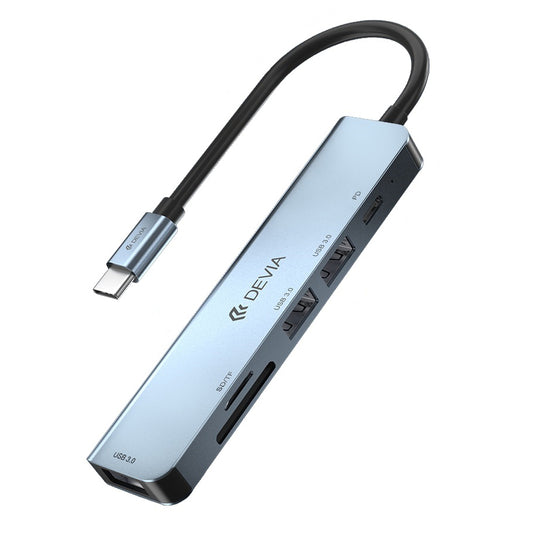 DEVIA EC135 USB-C Hub, 3 x USB-A 3.0 - 1 x USB-C - 1 x SD - 1 x microSD, Γκρι