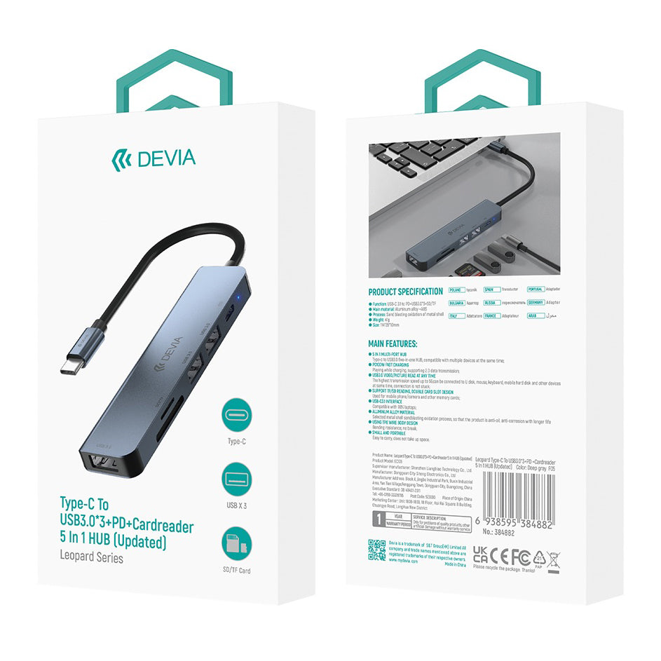 DEVIA EC135 USB-C Hub, 3 x USB-A 3.0 - 1 x USB-C - 1 x SD - 1 x microSD, Γκρι