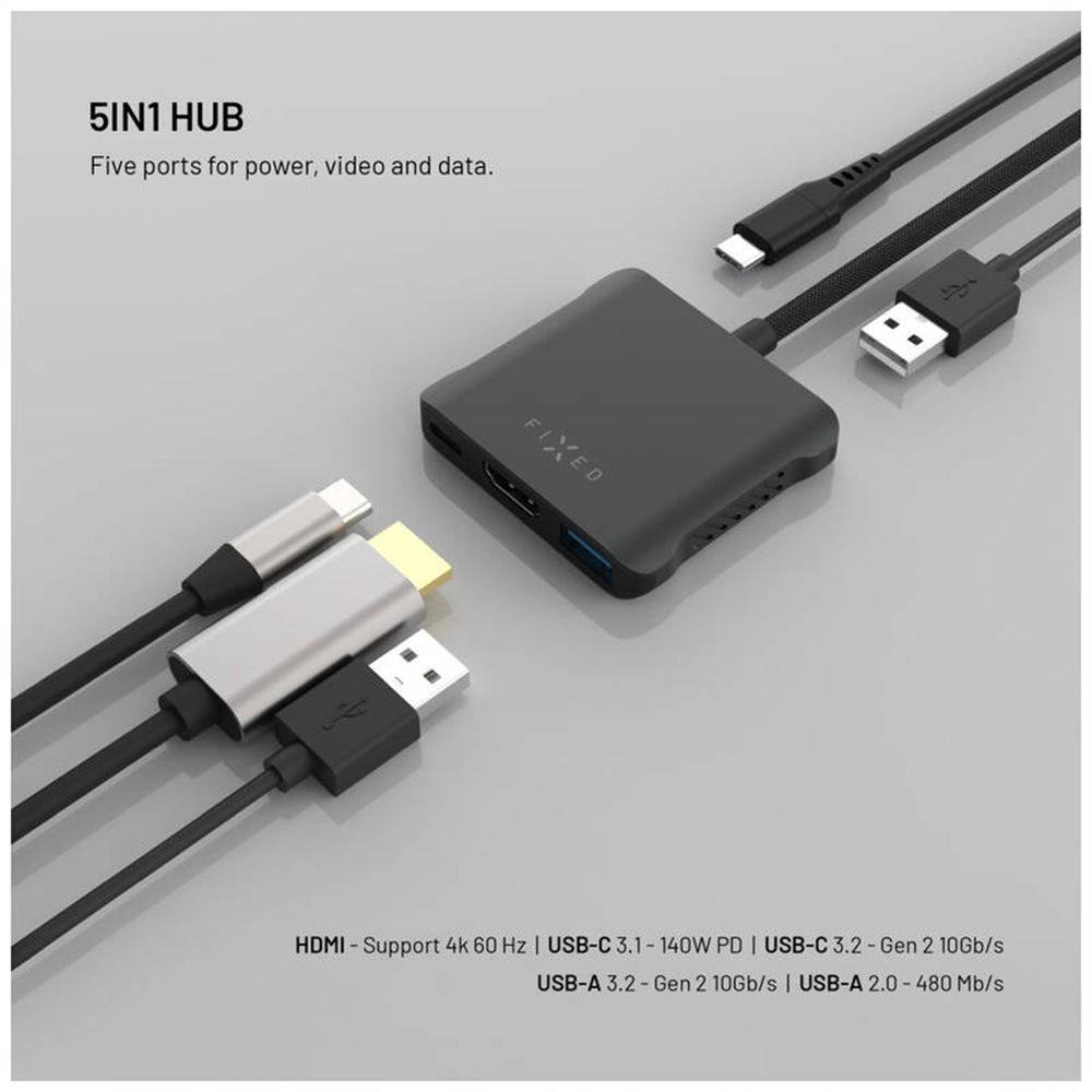 Hub USB-C Fixed Quadri, 5σε1, Μαύρο