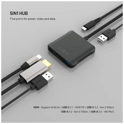 Hub USB-C Fixed Quadri, 5σε1, Μαύρο