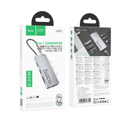 Hub USB-C HOCO HB52, 2 x USB-A 3.0 - 2 x USB-C - 1 x HDMI - 1 x RJ45 - 1 x SD - 1 x microSD, Γκρι