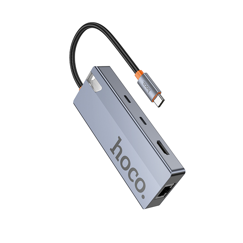 Hub USB-C HOCO HB52, 2 x USB-A 3.0 - 2 x USB-C - 1 x HDMI - 1 x RJ45 - 1 x SD - 1 x microSD, Γκρι
