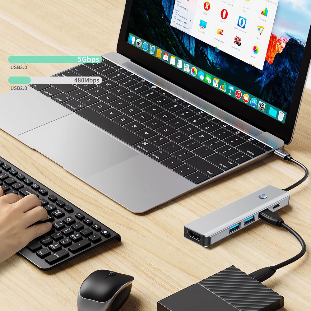 Hub USB-C Tech-Protect HB01, 1 x USB-A 3.0 - 2 x USB-A - 1 x USB-C - 1 x HDMI, Γκρι