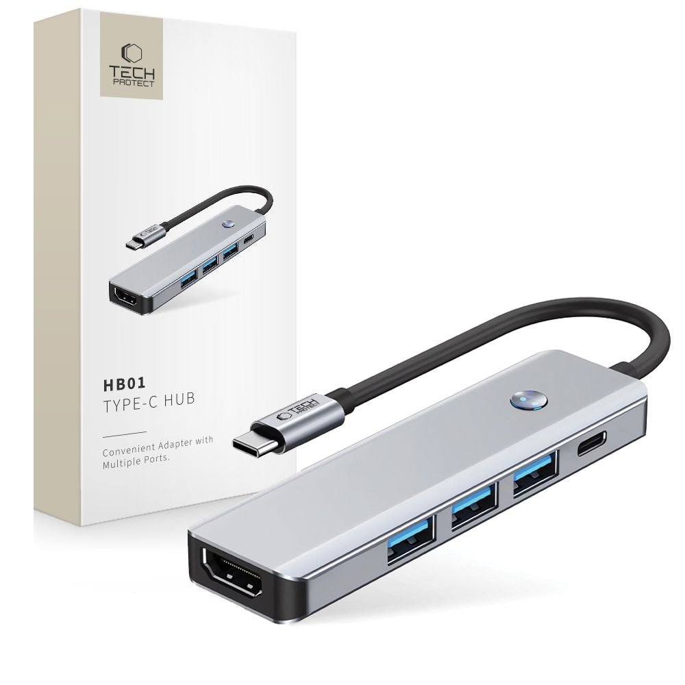 Hub USB-C Tech-Protect HB01, 1 x USB-A 3.0 - 2 x USB-A - 1 x USB-C - 1 x HDMI, Γκρι