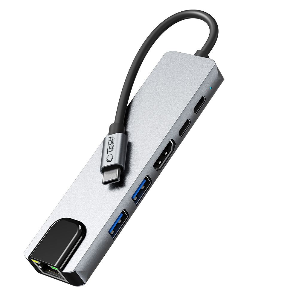 Hub USB-C Tech-Protect HB02, 1 x USB-A 3.0 - 1 x USB-A - 2 x USB-C - 1 x HDMI - 1 x RJ45, Γκρι