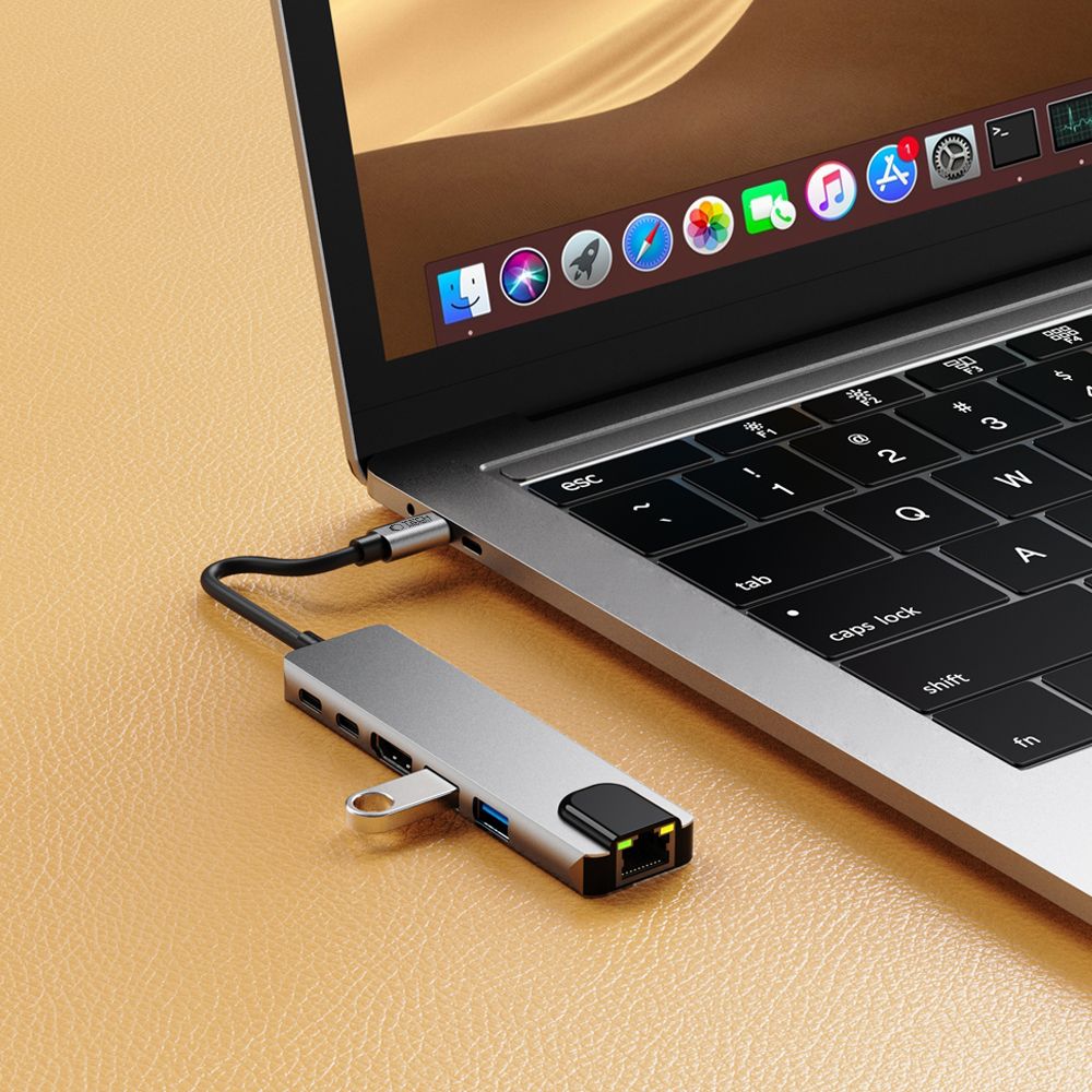 Hub USB-C Tech-Protect HB02, 1 x USB-A 3.0 - 1 x USB-A - 2 x USB-C - 1 x HDMI - 1 x RJ45, Γκρι