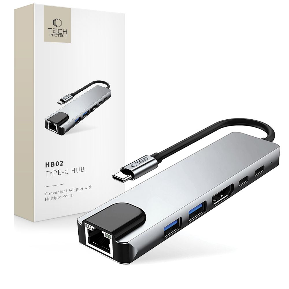 Hub USB-C Tech-Protect HB02, 1 x USB-A 3.0 - 1 x USB-A - 2 x USB-C - 1 x HDMI - 1 x RJ45, Γκρι
