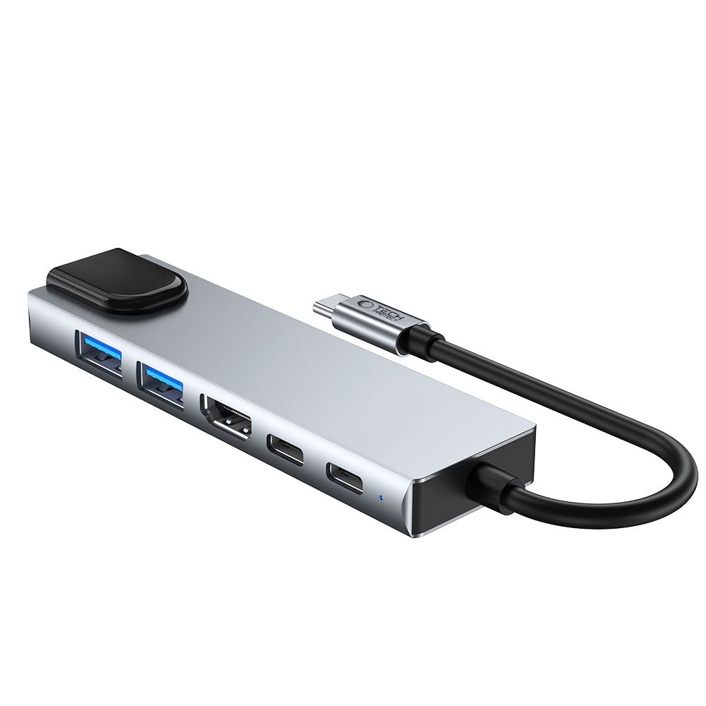 Hub USB-C Tech-Protect HB02, 1 x USB-A 3.0 - 1 x USB-A - 2 x USB-C - 1 x HDMI - 1 x RJ45, Γκρι