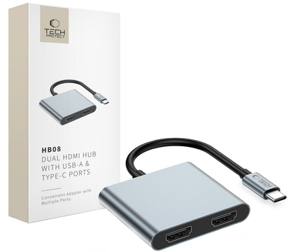 Tech-Protect HB08 USB-C Hub, 1 x USB-A - 1 x USB-C - 2 x HDMI, Gray