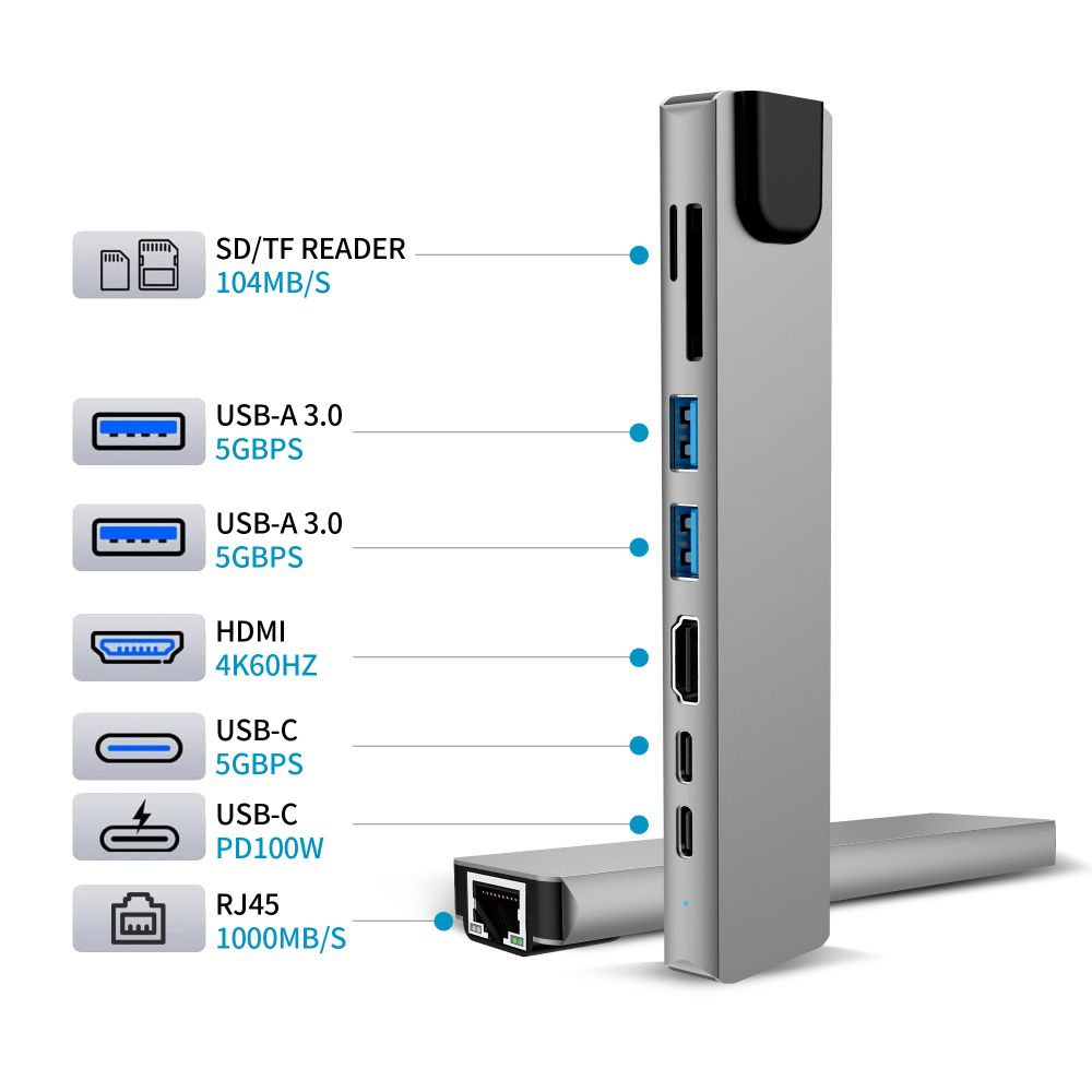 Hub USB-C Tech-Protect HB09, 2 x USB-A 3.0 - 2 x USB-C - 1 x HDMI - 1 x RJ45 - 1 x SD - 1 x microSD, Γκρι