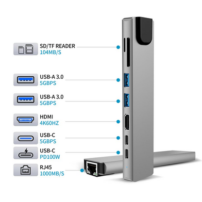 Hub USB-C Tech-Protect HB09, 2 x USB-A 3.0 - 2 x USB-C - 1 x HDMI - 1 x RJ45 - 1 x SD - 1 x microSD, Γκρι
