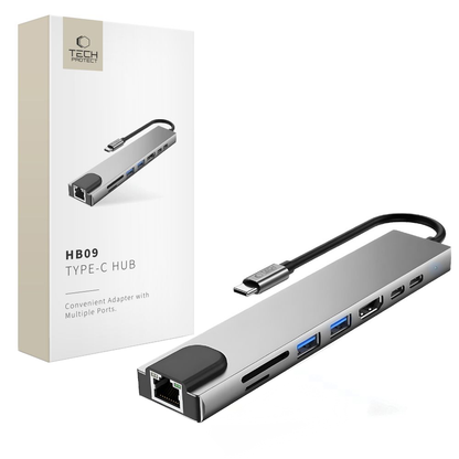 Hub USB-C Tech-Protect HB09, 2 x USB-A 3.0 - 2 x USB-C - 1 x HDMI - 1 x RJ45 - 1 x SD - 1 x microSD, Γκρι