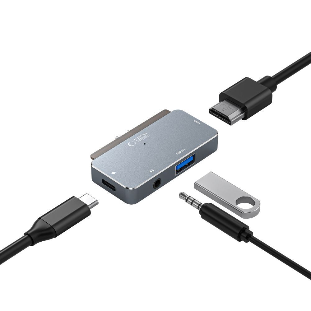 Hub USB-C Tech-Protect V6, 1 x USB-A - 1 x USB-C - 1 x HDMI - 1 x υποδοχή 3,5 mm, Γκρι 