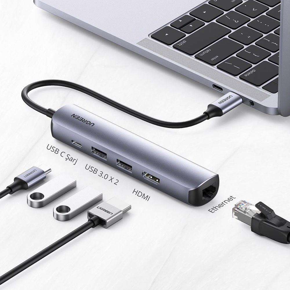 Hub USB-C UGREEN CM418 (10919), 2 x USB-A 3.0 - 1 x USB-C - 1 x HDMI - 1 x RJ45, Γκρι