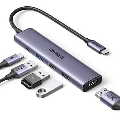 Hub USB-C UGREEN CM478, 1 x USB-A 3.0 - 2 x USB-A - 1 x USB-C - 1 x HDMI, Γκρι