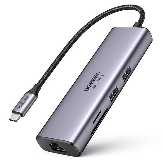 Hub USB-C UGREEN CM512 (60515), 2 x USB-A 3.0 - 1 x USB-C - 1 x HDMI - 1 x SD - 1 x microSD - 1 x RJ45, Γκρι