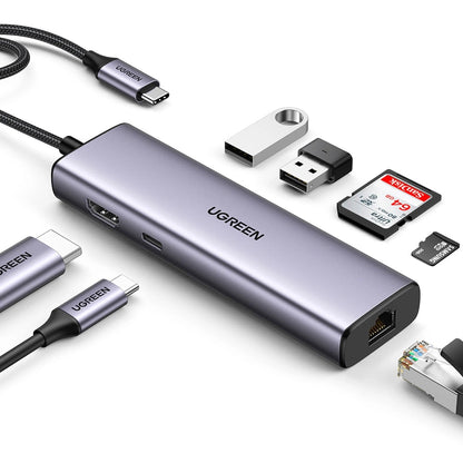 Hub USB-C UGREEN CM512, 2 x USB-A 3.0 - 1 x USB-C - 1 x HDMI - 1 x SD - 1 x microSD - RJ45, Γκρι