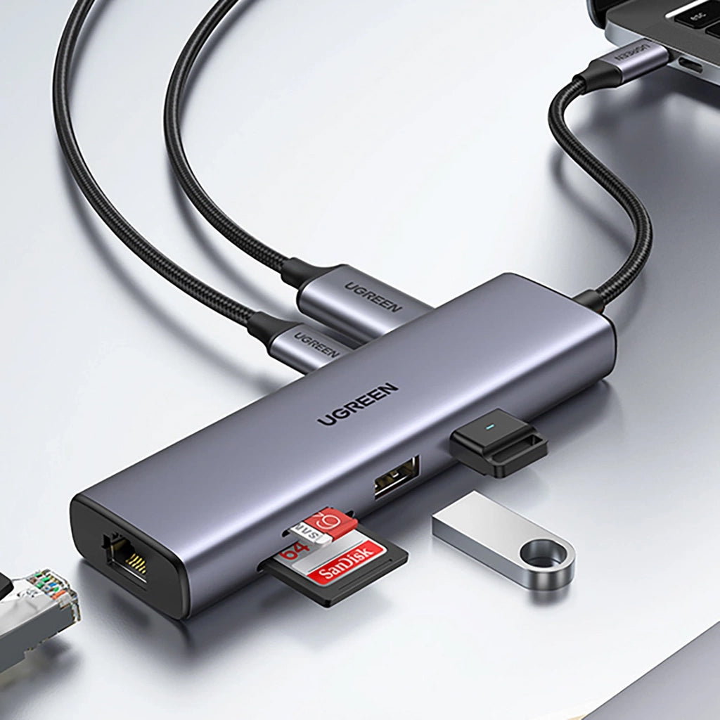 Hub USB-C UGREEN CM512, 2 x USB-A 3.0 - 1 x USB-C - 1 x HDMI - 1 x SD - 1 x microSD - RJ45, Γκρι