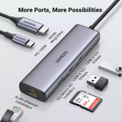 Hub USB-C UGREEN CM512, 2 x USB-A 3.0 - 1 x USB-C - 1 x HDMI - 1 x SD - 1 x microSD - RJ45, Γκρι