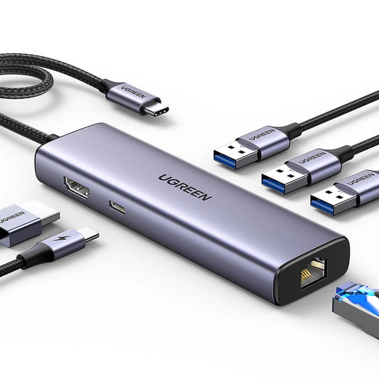 Hub USB-C UGREEN CM512 (15598), 3 x USB-A 3.0 - 1 x USB-C - 1 x HDMI - 1 x RJ45, Γκρι