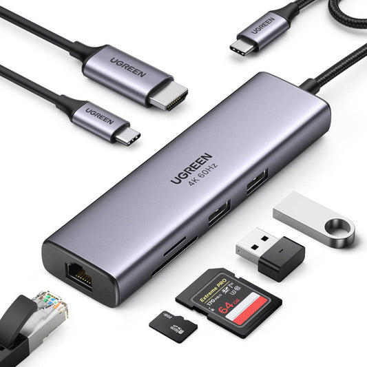 Hub USB-C UGREEN CM512 (60515), 2 x USB-A 3.0 - 1 x USB-C - 1 x HDMI - 1 x SD - 1 x microSD - 1 x RJ45, Γκρι