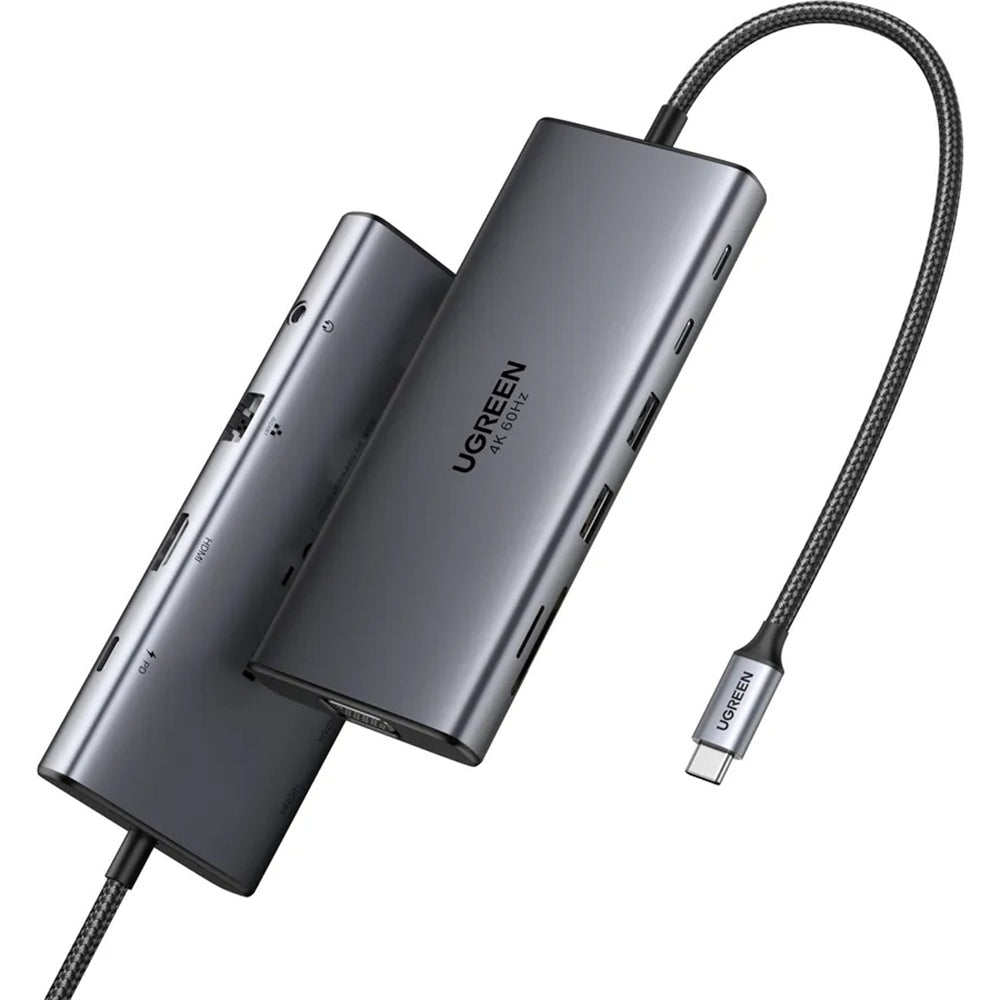 Hub USB-C UGREEN CM639 (45520), 2 x USB-A 3.2 - 3 x USB-C - 1 x HDMI - 1 x VGA - 1 x Jack 3.5mm - 1 x RJ45 - 1 x SD - 1 x microSD, Γκρι